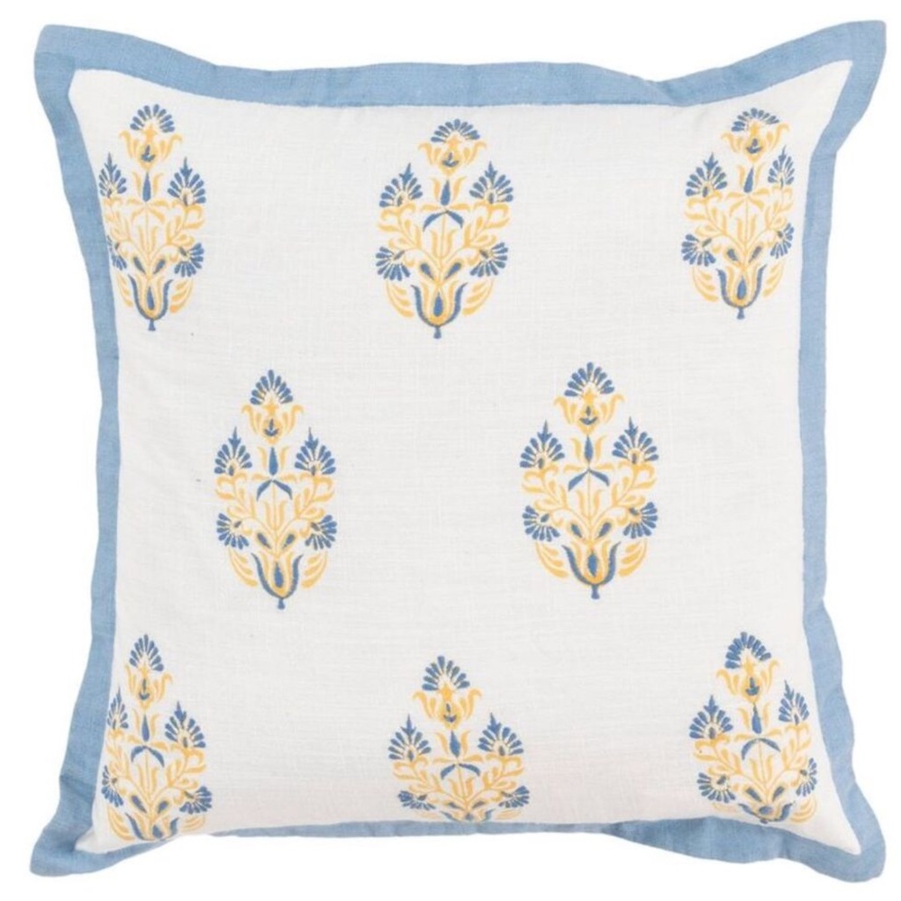 Rizzy Home,18"x18"Vintage Square Throw Pillow, Embroidery,Botanical,Blue/Yellow